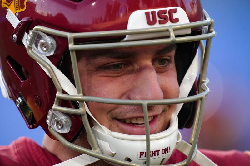 Dec 12, 2020; Pasadena, California, USA;  Southern California Trojans quarterback Kedon Slovis (9) reacts before the game against the UCLA Bruinsat Rose Bowl. Mandatory Credit: Kirby Lee-USA TODAY Sports