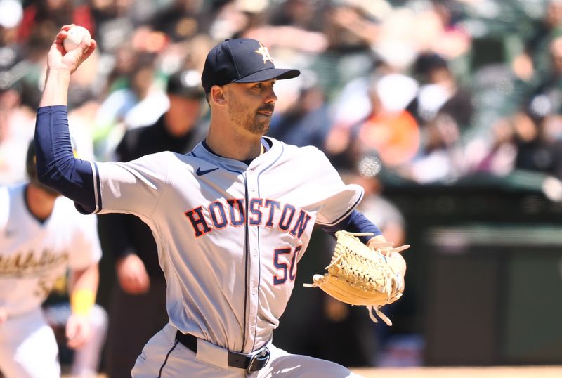 May 25, 2024; Oakland, California, USA; Houston Astros relief pitcher  Taylor Scott (50) pitches the ball Oakland Athletics during the sixth inning at Oakland-Alameda County Coliseum. Mandatory Credit: Kelley L Cox-USA TODAY Sports