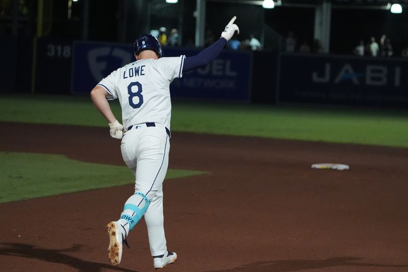 Sep 21, 2025; Tampa, Florida, USA; Tampa Bay Rays second base Brandon Lowe (8) runs the bases after hitting a home run against the Boston Red Sox during the sixth inning at George M. Steinbrenner Field. Mandatory Credit: Dave Nelson-Imagn Images