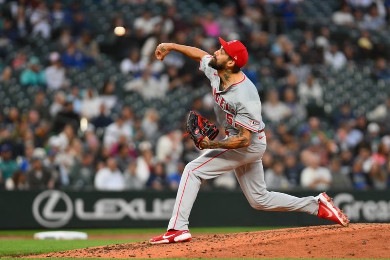 Jul 22, 2024; Seattle, Washington, USA; Los Angeles Angels relief pitcher Hans Crouse (52) pitches to the Seattle Mariners during the sixth inning at T-Mobile Park. Mandatory Credit: Steven Bisig-USA TODAY Sports