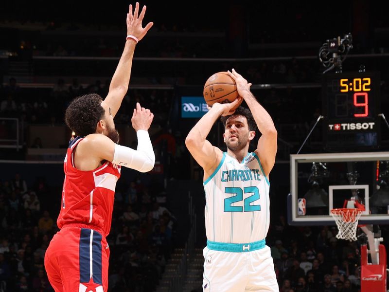 WASHINGTON, DC -? MARCH 8:  Vasilije Micic #22 of the Charlotte Hornets shoots a 3-point basket during the game  on March 8, 2024 at Capital One Arena in Washington, DC. NOTE TO USER: User expressly acknowledges and agrees that, by downloading and or using this Photograph, user is consenting to the terms and conditions of the Getty Images License Agreement. Mandatory Copyright Notice: Copyright 2024 NBAE (Photo by Stephen Gosling/NBAE via Getty Images)