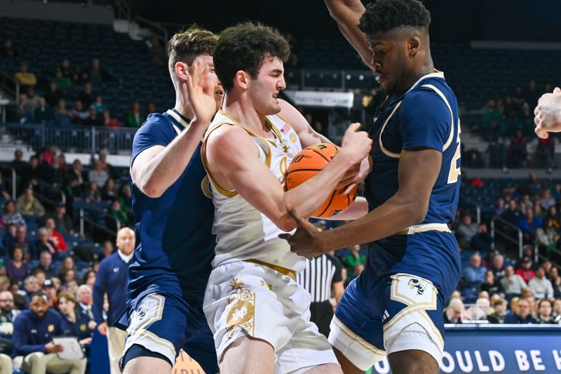 Feb 14, 2024; South Bend, Indiana, USA; Georgia Tech Yellow Jackets guard Carter Murphy (4) Notre Dame Fighting Irish guard Logan Imes (2) and Georgia Tech Yellow Jackets forward Ibrahima Sacko (23) attempt to gain possession in the second half at the Purcell Pavilion. Mandatory Credit: Matt Cashore-USA TODAY Sports