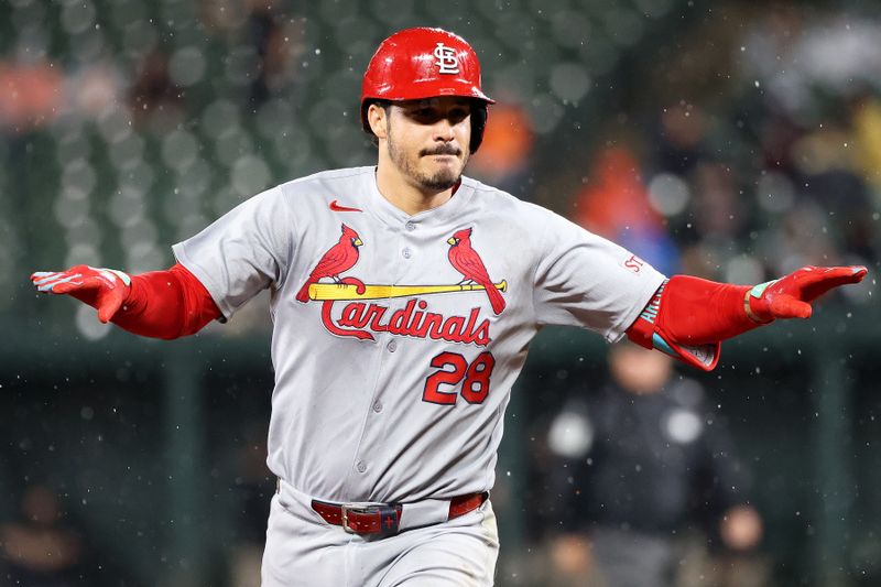May 27, 2025; Baltimore, Maryland, USA; St. Louis Cardinals third baseman Nolan Arenado (28) celebrates after hitting a home run during the eighth inning against the Baltimore Orioles at Oriole Park at Camden Yards. Mandatory Credit: Daniel Kucin Jr.-Imagn Images