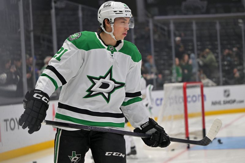 Jan 12, 2026; Los Angeles, California, USA;  Dallas Stars left wing Jason Robertson (21) warms up prior to the game against the Los Angeles Kings at Crypto.com Arena. Mandatory Credit: Jayne Kamin-Oncea-Imagn Images