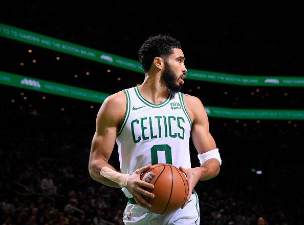 BOSTON, MA - DECEMBER 14: Jayson Tatum #0 of the Boston Celtics handles the ball during the game against the Cleveland Cavaliers on December 14, 2023 at the TD Garden in Boston, Massachusetts. NOTE TO USER: User expressly acknowledges and agrees that, by downloading and or using this photograph, User is consenting to the terms and conditions of the Getty Images License Agreement. Mandatory Copyright Notice: Copyright 2023 NBAE  (Photo by Brian Babineau/NBAE via Getty Images)