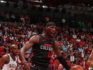 MIAMI, FL - NOVEMBER 28: Bam Adebayo #13 of the Miami Heat celebrates dunk during the game against the Milwaukee Bucks during the In-Season Tournament on November 28, 2023 at Kaseya Center in Miami, Florida. NOTE TO USER: User expressly acknowledges and agrees that, by downloading and or using this Photograph, user is consenting to the terms and conditions of the Getty Images License Agreement. Mandatory Copyright Notice: Copyright 2023 NBAE (Photo by Issac Baldizon/NBAE via Getty Images)