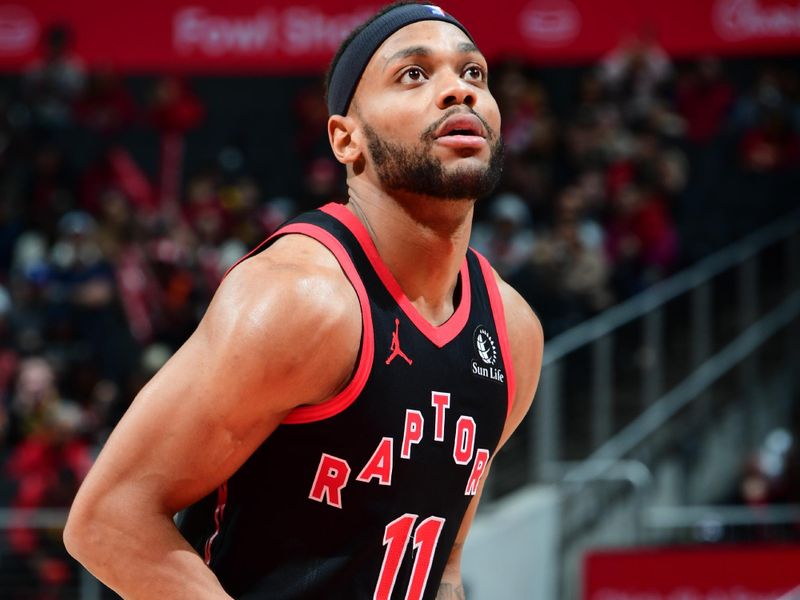 ATLANTA, GA - JANUARY 28: Bruce Brown #11 of the Toronto Raptors prepares to shoot a free throw during the game against the Atlanta Hawks on January 28, 2024 at State Farm Arena in Atlanta, Georgia.  NOTE TO USER: User expressly acknowledges and agrees that, by downloading and/or using this Photograph, user is consenting to the terms and conditions of the Getty Images License Agreement. Mandatory Copyright Notice: Copyright 2024 NBAE (Photo by Scott Cunningham/NBAE via Getty Images)