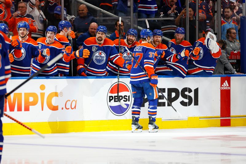 Jun 13, 2024; Edmonton, Alberta, CAN; Edmonton Oilers left wing Warren Foegele (37) celebrates a goal with teammates in the second period against the Florida Panthers in game three of the 2024 Stanley Cup Final at Rogers Place. Mandatory Credit: Perry Nelson-USA TODAY Sports