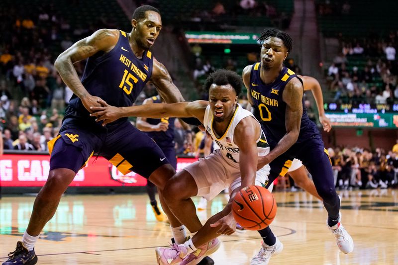 Feb 13, 2023; Waco, Texas, USA; Baylor Bears guard LJ Cryer (4) looses the dribble in front of West Virginia Mountaineers forward Jimmy Bell Jr. (15) and Kedrian Johnson during the second half at Ferrell Center. Mandatory Credit: Raymond Carlin III-USA TODAY Sports