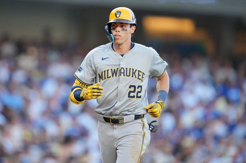 Jul 6, 2024; Los Angeles, California, USA; Milwaukee Brewers left fielder Christian Yelich (22) runs the bases after hitting a home run in the eighth inning against the Los Angeles Dodgers at Dodger Stadium. Mandatory Credit: Kirby Lee-USA TODAY Sports