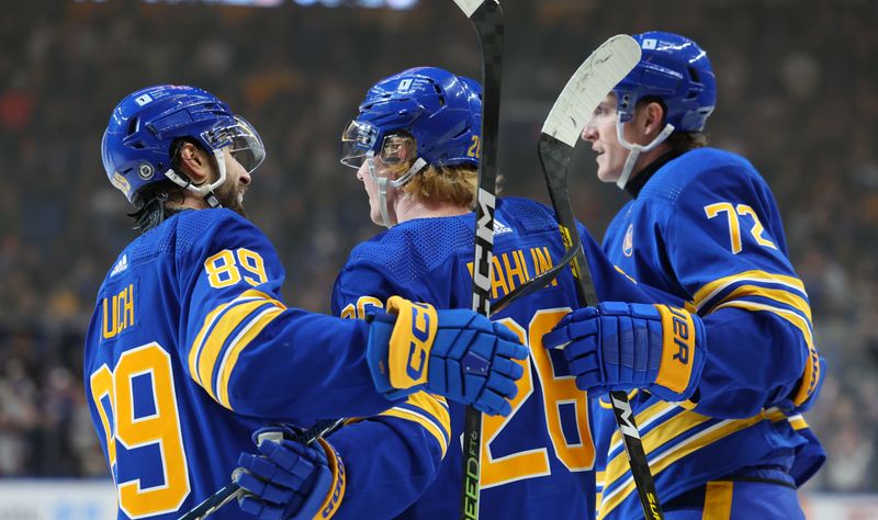 Apr 5, 2024; Buffalo, New York, USA;  Buffalo Sabres defenseman Rasmus Dahlin (26)ncelebrates his goal with teammates during the second period against the Philadelphia Flyers at KeyBank Center. Mandatory Credit: Timothy T. Ludwig-USA TODAY Sports