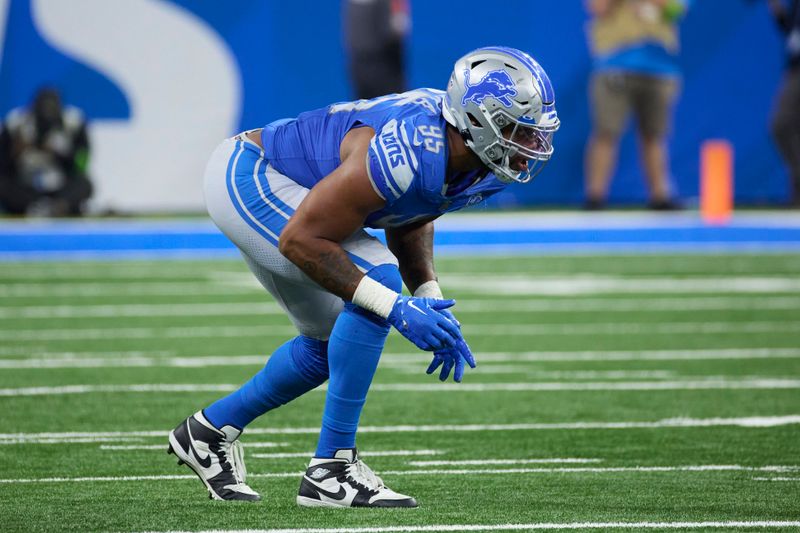 Detroit Lions linebacker Romeo Okwara (95) gets set on defense against the Jasksonville Jaguars during an NFL pre-season football game, Saturday, Aug. 19, 2023, in Detroit. (AP Photo/Rick Osentoski)