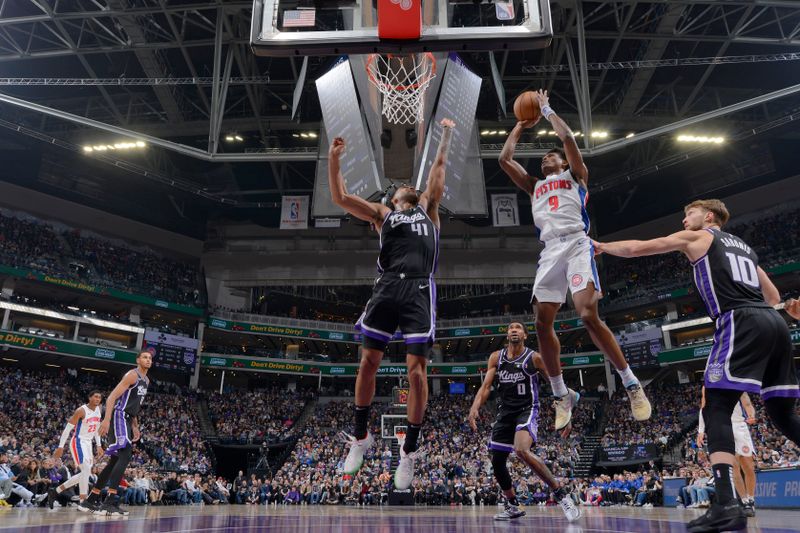 SACRAMENTO, CA - FEBRUARY 7: Ausar Thompson #9 of the Detroit Pistons shoots the ball during the game against the Sacramento Kings on February 7, 2024 at Golden 1 Center in Sacramento, California. NOTE TO USER: User expressly acknowledges and agrees that, by downloading and or using this Photograph, user is consenting to the terms and conditions of the Getty Images License Agreement. Mandatory Copyright Notice: Copyright 2024 NBAE (Photo by Rocky Widner/NBAE via Getty Images)