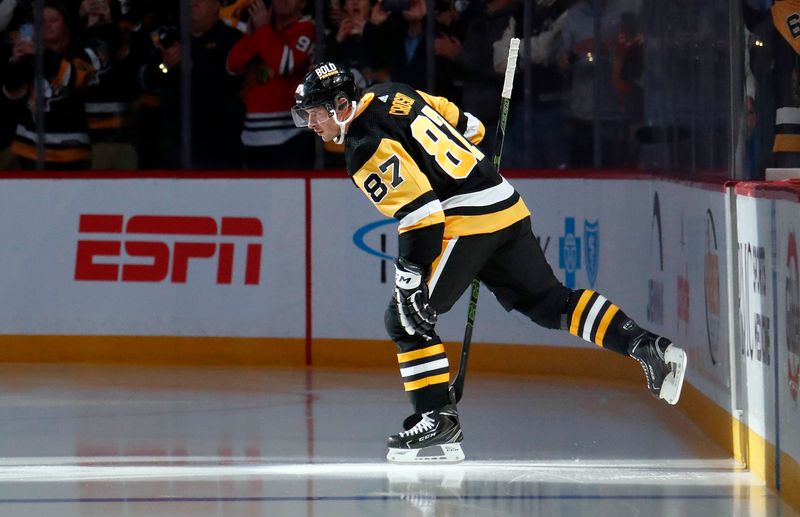 Oct 10, 2023; Pittsburgh, Pennsylvania, USA; Pittsburgh Penguins center Sidney Crosby (87) takes the ice to play the Chicago Blackhawks at the PPG Paints Arena. Mandatory Credit: Charles LeClaire-USA TODAY Sports