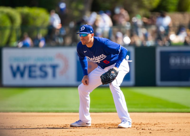 Feb 23, 2024; Phoenix, Arizona, USA; Los Angeles Dodgers first baseman Freddie Freeman against the San Diego Padres during a spring training game at Camelback Ranch-Glendale. Mandatory Credit: Mark J. Rebilas-USA TODAY Sports