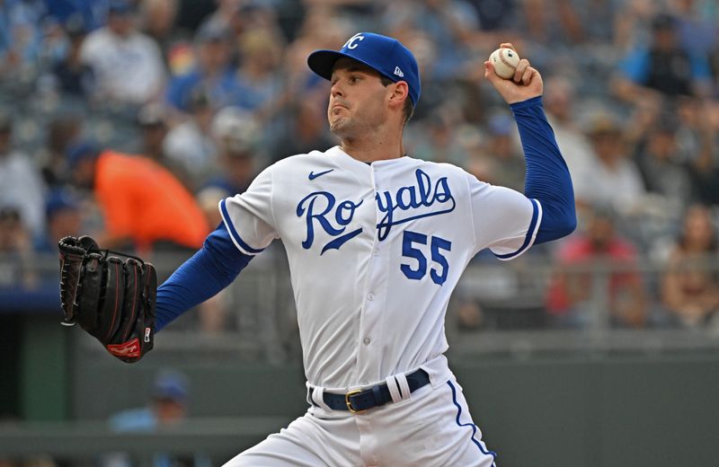 Jul 15, 2023; Kansas City, Missouri, USA;  Kansas City Royals starting pitcher Cole Ragans (55) delivers against the Tampa Bay Rays in the first inning at Kauffman Stadium. Mandatory Credit: Peter Aiken-USA TODAY Sports