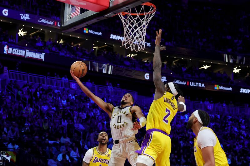 LAS VEGAS, NEVADA - DECEMBER 09: Tyrese Haliburton #0 of the Indiana Pacers shoots the ball against Jarred Vanderbilt #2 of the Los Angeles Lakers during the third quarter in the championship game of the inaugural NBA In-Season Tournament at T-Mobile Arena on December 09, 2023 in Las Vegas, Nevada. NOTE TO USER: User expressly acknowledges and agrees that, by downloading and or using this photograph, User is consenting to the terms and conditions of the Getty Images License Agreement. (Photo by Ethan Miller/Getty Images)