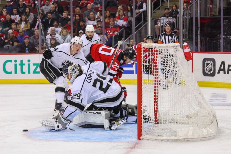 Feb 23, 2023; Newark, New Jersey, USA; Los Angeles Kings goaltender Pheonix Copley (29) makes a save against the New Jersey Devils during the second period at Prudential Center. Mandatory Credit: Ed Mulholland-USA TODAY Sports