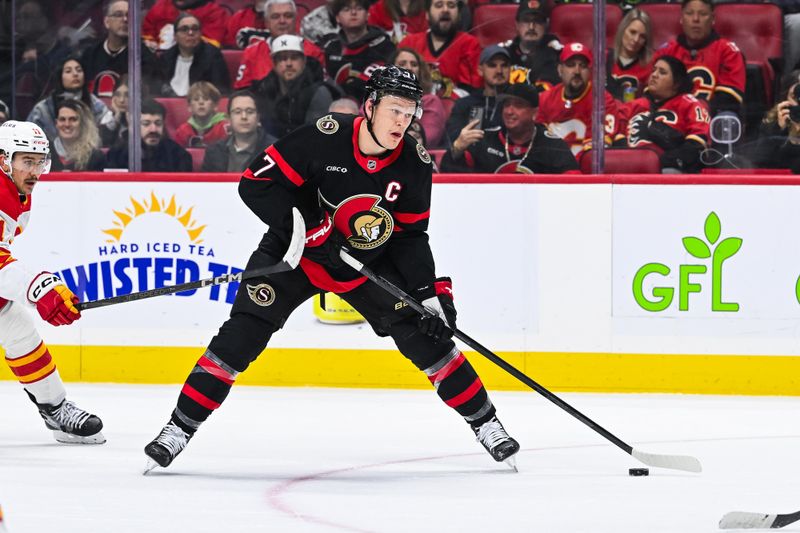 Nov 25, 2024; Ottawa, Ontario, CAN; Ottawa Senators left wing Brady Tkachuk (7) plays the puck against the Calgary Flames during the first period at Canadian Tire Centre. Mandatory Credit: David Kirouac-Imagn Images