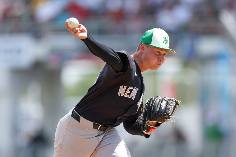 Mar 17, 2024; Fort Myers, Florida, USA;  New York Yankees pitcher Will Warren (98) throws a pitch against the Boston Red Sox in the first inning at JetBlue Park at Fenway South. Mandatory Credit: Nathan Ray Seebeck-USA TODAY Sports