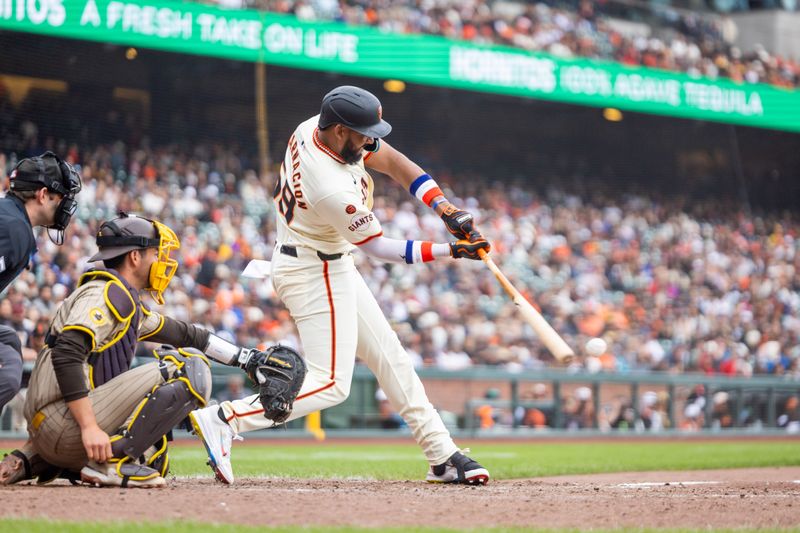 Sep 15, 2024; San Francisco, California, USA; San Francisco Giants outfielder Jerar Encarnacion (59) grounds out during the ninth inning against the San Diego Padres at Oracle Park. Mandatory Credit: Bob Kupbens-Imagn Images