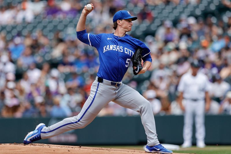 Jul 7, 2024; Denver, Colorado, USA; Kansas City Royals starting pitcher Brady Singer (51) pitches in the first inning against the Colorado Rockies at Coors Field. Mandatory Credit: Isaiah J. Downing-USA TODAY Sports