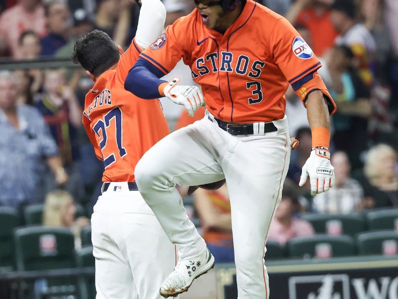 May 17, 2024; Houston, Texas, USA;  Houston Astros shortstop Jeremy Pena (3) reacts after hitting three-run home run against the Milwaukee Brewers in the fifth inning at Minute Maid Park. Mandatory Credit: Thomas Shea-USA TODAY Sports