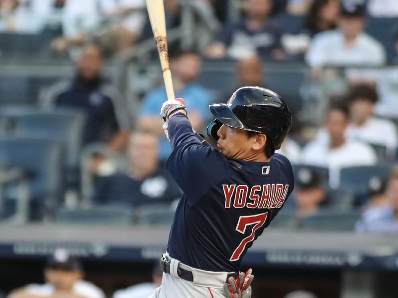 Aug 18, 2023; Bronx, New York, USA; Boston Red Sox left fielder Masataka Yoshida (7) hits a three run home run in the first inning against the New York Yankees at Yankee Stadium. Mandatory Credit: Wendell Cruz-USA TODAY Sports