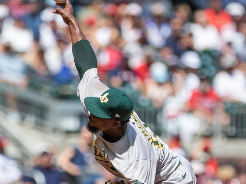 Jun 2, 2024; Cumberland, Georgia, USA;  Oakland Athletics pitcher Dany Jiménez (56) pitches the ball against the Atlanta Braves during the eighth inning at Truist Park. Mandatory Credit: Jordan Godfree-USA TODAY Sports