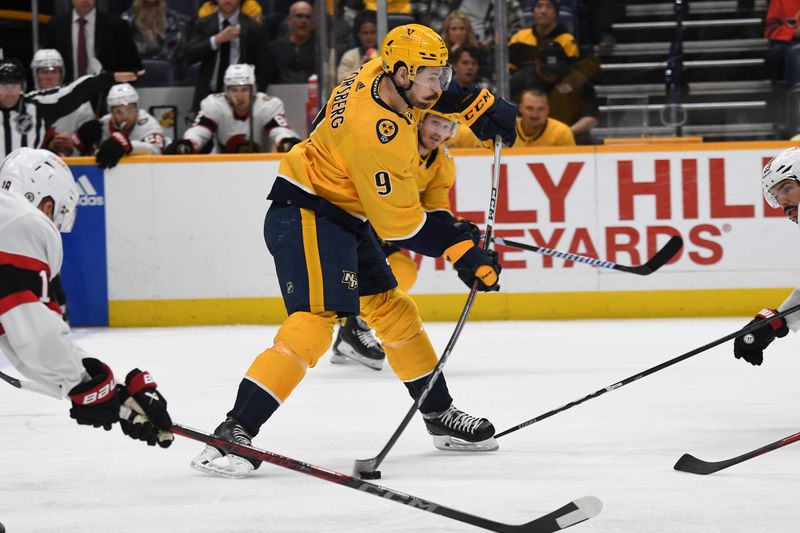 Feb 27, 2024; Nashville, Tennessee, USA; Nashville Predators left wing Filip Forsberg (9) shoots the puck during the first period against the Ottawa Senators at Bridgestone Arena. Mandatory Credit: Christopher Hanewinckel-USA TODAY Sports