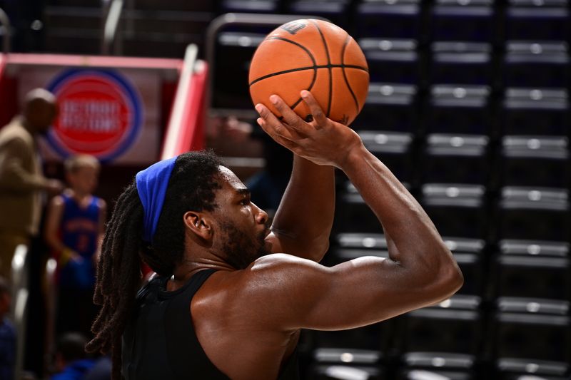 DETROIT, MI - NOVEMBER 10: Isaiah Stewart #28 of the Detroit Pistons warms up before the game against the Houston Rockets on November 10, 2024 at Little Caesars Arena in Detroit, Michigan. NOTE TO USER: User expressly acknowledges and agrees that, by downloading and/or using this photograph, User is consenting to the terms and conditions of the Getty Images License Agreement. Mandatory Copyright Notice: Copyright 2024 NBAE (Photo by Chris Schwegler/NBAE via Getty Images)