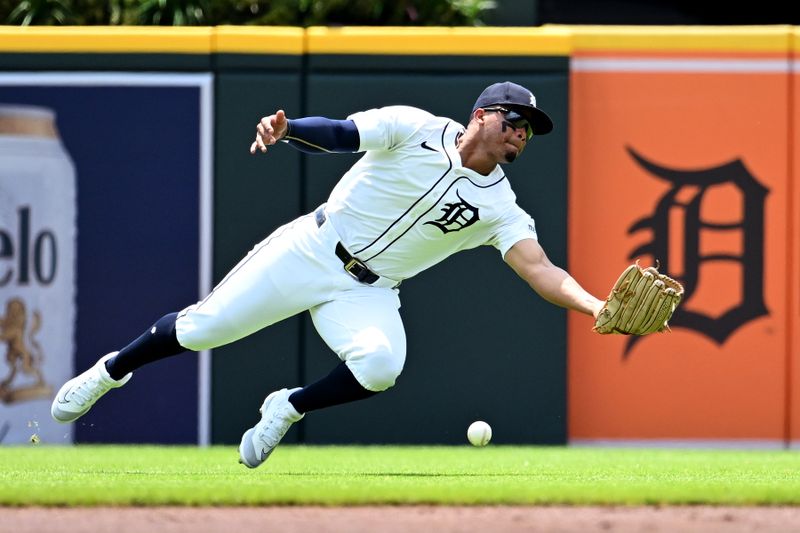 Jul 14, 2024; Detroit, Michigan, USA;  Detroit Tigers right fielder Wenceel Pérez (46) drops a fly ball off the bat of Los Angeles Dodgers catcher Will Smith (16) in the first inning at Comerica Park. Mandatory Credit: Lon Horwedel-USA TODAY Sports