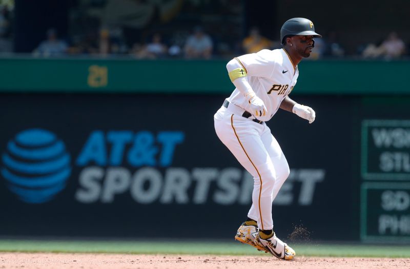 Jul 16, 2023; Pittsburgh, Pennsylvania, USA;  Pittsburgh Pirates designated hitter Andrew McCutchen (22) takes a lead off of second base against the San Francisco Giants during the eighth inning at PNC Park. Mandatory Credit: Charles LeClaire-USA TODAY Sports