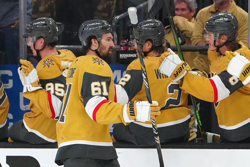 May 6, 2025; Las Vegas, Nevada, USA; Vegas Golden Knights right wing Mark Stone (61) celebrates after scoring a goal against the Edmonton Oilers during the first period of game one of the second round of the 2025 Stanley Cup Playoffs at T-Mobile Arena. Mandatory Credit: Stephen R. Sylvanie-Imagn Images
