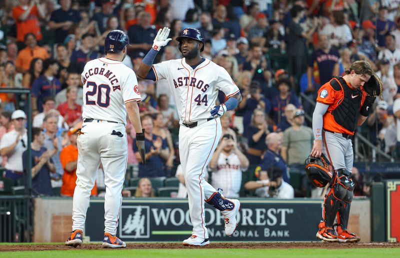 Jun 22, 2024; Houston, Texas, USA; Houston Astros designated hitter Yordan Alvarez (44) celebrates with right fielder Chas McCormick (20) after hitting a home run during the third inning against the Baltimore Orioles at Minute Maid Park. Mandatory Credit: Troy Taormina-USA TODAY Sports