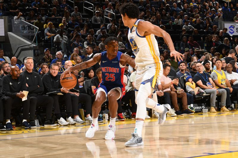 SAN FRANCISCO, CA - OCTOBER 13: Marcus Sasser #25 of the Detroit Pistons handles the ball during the game against the Golden State Warriors during a NBA Preseason game on October 13, 2024 at Chase Center in San Francisco, California. NOTE TO USER: User expressly acknowledges and agrees that, by downloading and or using this photograph, user is consenting to the terms and conditions of Getty Images License Agreement. Mandatory Copyright Notice: Copyright 2024 NBAE (Photo by Noah Graham/NBAE via Getty Images)