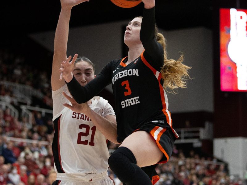 Jan 21, 2024; Stanford, California, USA; Oregon State Beavers guard Dominika Paurov   (3) shoots over Stanford Cardinal forward Brooke Demetre (21) during the second quarter at Maples Pavilion. Mandatory Credit: D. Ross Cameron-USA TODAY Sports