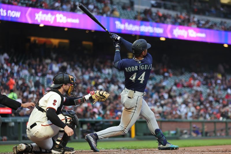 Jul 5, 2023; San Francisco, California, USA; Seattle Mariners center fielder Julio Rodriguez (44) hits a double during the sixth inning against the San Francisco Giants at Oracle Park. Mandatory Credit: Sergio Estrada-USA TODAY Sports