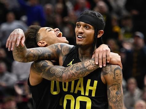 SALT LAKE CITY, UTAH - JANUARY 01: Keyonte George #3 celebrates a triple-double by Jordan Clarkson #00 of the Utah Jazz during the second half of a game against the Dallas Mavericks at Delta Center on January 01, 2024 in Salt Lake City, Utah. NOTE TO USER: User expressly acknowledges and agrees that, by downloading and or using this photograph, User is consenting to the terms and conditions of the Getty Images License Agreement. (Photo by Alex Goodlett/Getty Images)