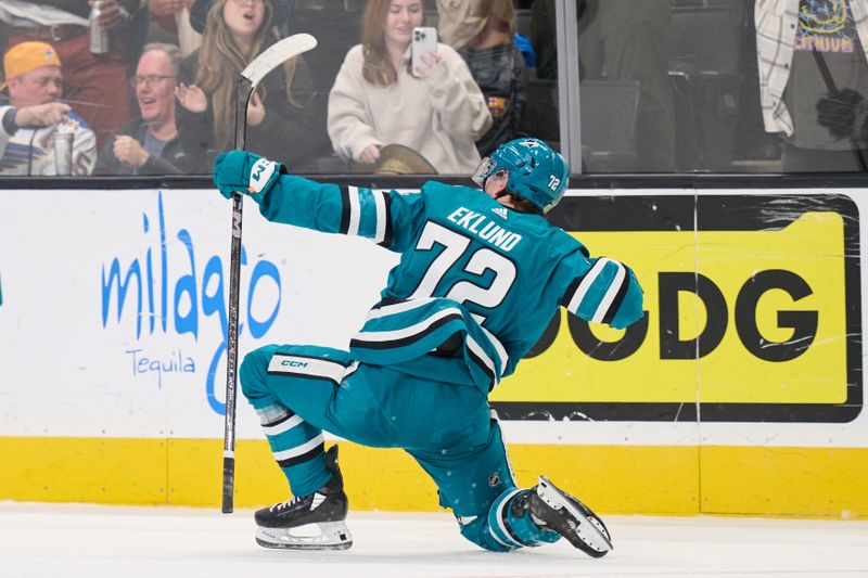 Apr 6, 2024; San Jose, California, USA; San Jose Sharks left wing William Eklund (72) celebrates after scoring the game-winning goal against the St. Louis Blues during the overtime period at SAP Center at San Jose. Mandatory Credit: Robert Edwards-USA TODAY Sports