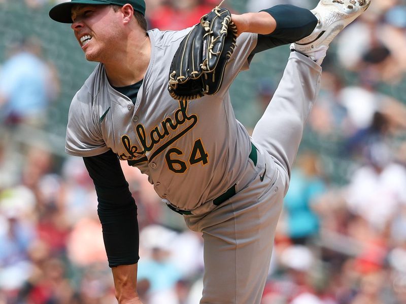 Jun 16, 2024; Minneapolis, Minnesota, USA; Oakland Athletics pitcher Vinny Nittoli (64) delivers a pitch against the Minnesota Twins during the sixth inning of game one of a double header at Target Field. Mandatory Credit: Matt Krohn-USA TODAY Sports