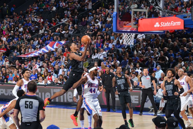 PHILADELPHIA, PA - APRIL 14: Cam Thomas #24 of the Brooklyn Nets drives to the basket during the game against the Philadelphia 76ers on April 14, 2024 at the Wells Fargo Center in Philadelphia, Pennsylvania NOTE TO USER: User expressly acknowledges and agrees that, by downloading and/or using this Photograph, user is consenting to the terms and conditions of the Getty Images License Agreement. Mandatory Copyright Notice: Copyright 2024 NBAE (Photo by Jesse D. Garrabrant/NBAE via Getty Images)