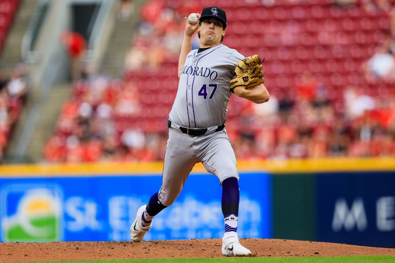 Jul 9, 2024; Cincinnati, Ohio, USA; Colorado Rockies starting pitcher Cal Quantrill (47) pitches against the Cincinnati Reds in the first inning at Great American Ball Park. Mandatory Credit: Katie Stratman-USA TODAY Sports