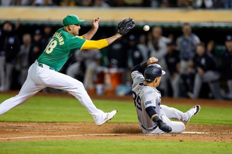 Sep 20, 2024; Oakland, California, USA; New York Yankees outfielder Jasson Dominguez (89) scores on a passed ball during the tenth inning against the Oakland Athletics at Oakland-Alameda County Coliseum. Mandatory Credit: Bob Kupbens-Imagn Images