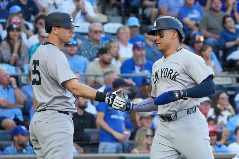 Jun 10, 2024; Kansas City, Missouri, USA; New York Yankees designated hitter Juan Soto (22) celebrates with pitcher Clay Holmes (35) after scoring against the Kansas City Royals in the first inning at Kauffman Stadium. Mandatory Credit: Denny Medley-USA TODAY Sports