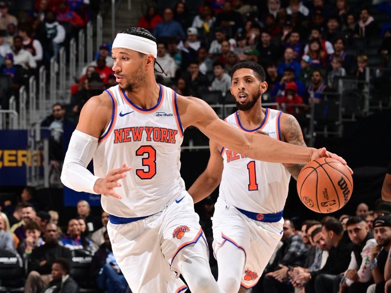 DETROIT, MI - NOVEMBER 1: Josh Hart #3 of the New York Knicks dribbles the ball during the game against the Detroit Pistons on November 1, 2024 at Little Caesars Arena in Detroit, Michigan. NOTE TO USER: User expressly acknowledges and agrees that, by downloading and/or using this photograph, User is consenting to the terms and conditions of the Getty Images License Agreement. Mandatory Copyright Notice: Copyright 2024 NBAE (Photo by Chris Schwegler/NBAE via Getty Images)