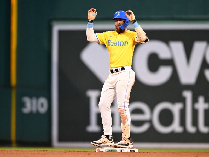 Sep 28, 2024; Boston, Massachusetts, USA; Boston Red Sox shortstop Trevor Story (10) reacts after hitting a double against the Tampa Bay Rays during the eighth inning at Fenway Park. Mandatory Credit: Brian Fluharty-Imagn Images