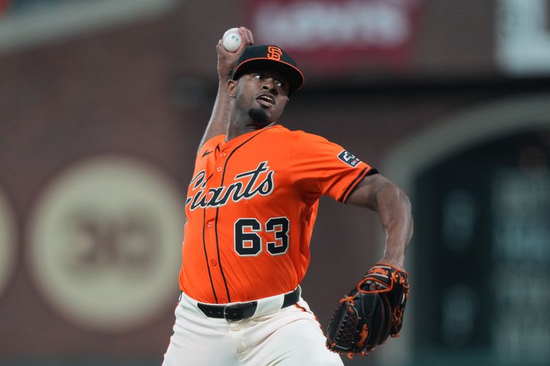 Sep 12, 2025; San Francisco, California, USA; San Francisco Giants pitcher Joel Peguero (63) throws a pitch against the Los Angeles Dodgers during the tenth inning at Oracle Park. Mandatory Credit: Darren Yamashita-Imagn Images