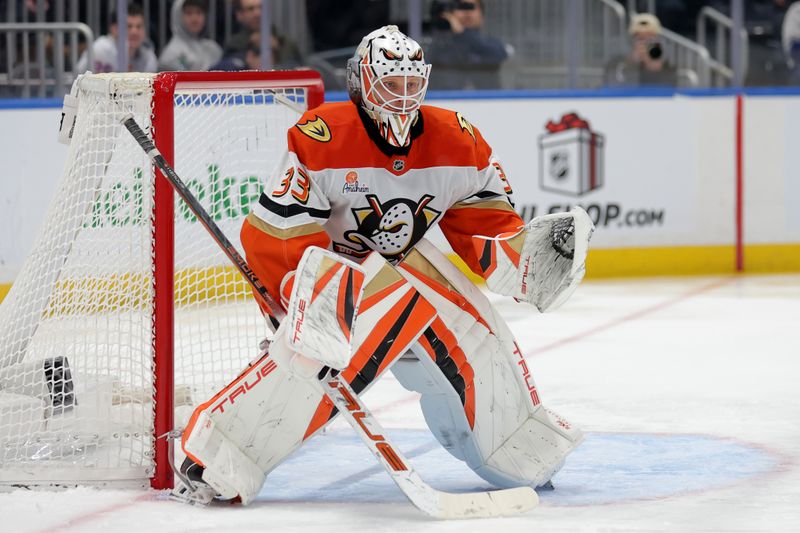 Dec 11, 2025; Elmont, New York, USA; Anaheim Ducks goaltender Ville Husso (33) tends net against the New York Islanders during the second period at UBS Arena. Mandatory Credit: Brad Penner-Imagn Images