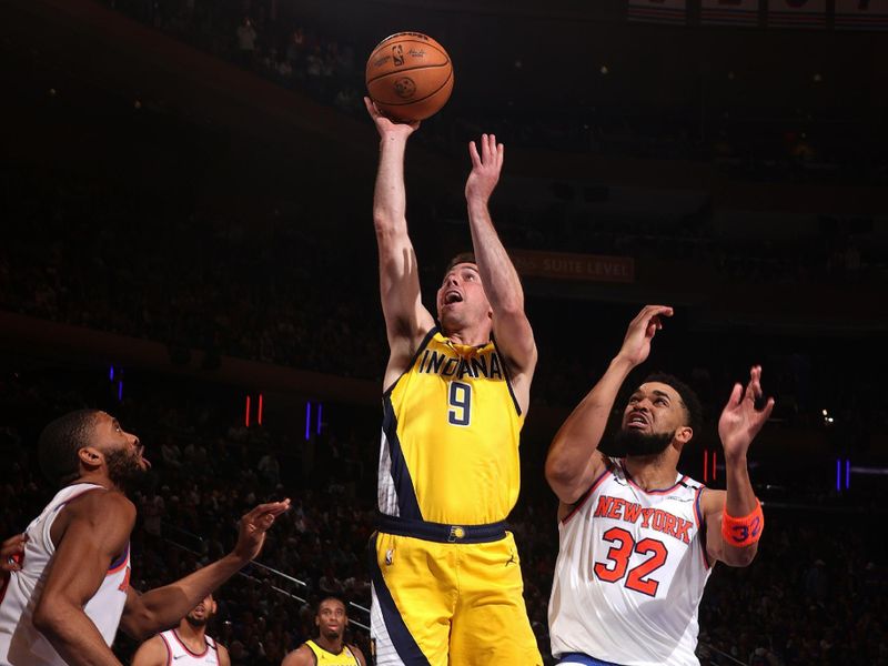 NEW YORK, NY - MAY 23: T.J. McConnell #9 of the Indiana Pacers drives to the basket during the game against the New York Knicks during Game 2 of the 2025 Eastern Conference Finals on May 23, 2025 at Madison Square Garden in New York City, New York. NOTE TO USER: User expressly acknowledges and agrees that, by downloading and or using this photograph, User is consenting to the terms and conditions of the Getty Images License Agreement. Mandatory Copyright Notice: Copyright 2025 NBAE(Photo by Nathaniel S. Butler/NBAE via Getty Images)